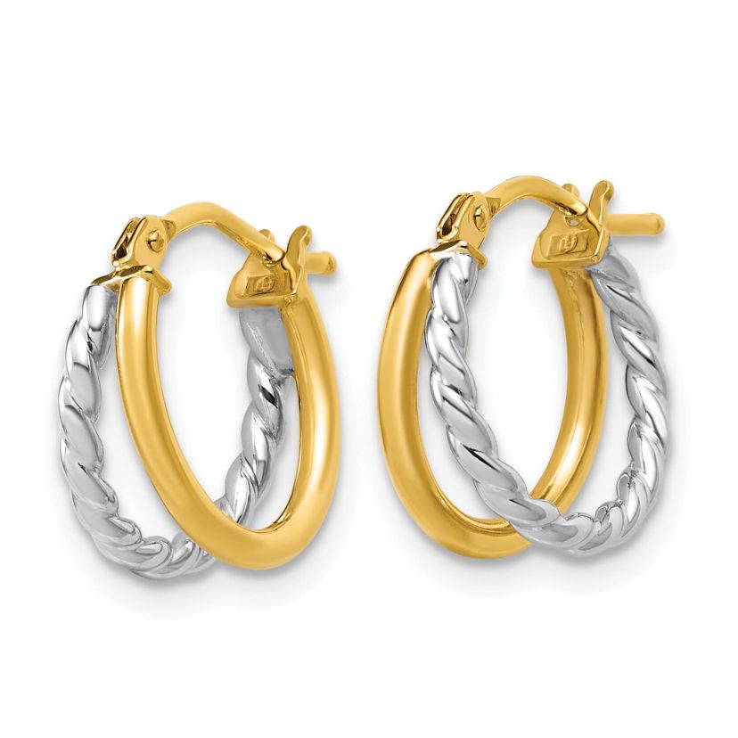 14K Yellow Gold with Rhodium Polished and Twisted 2-row J-Hoop Earrings