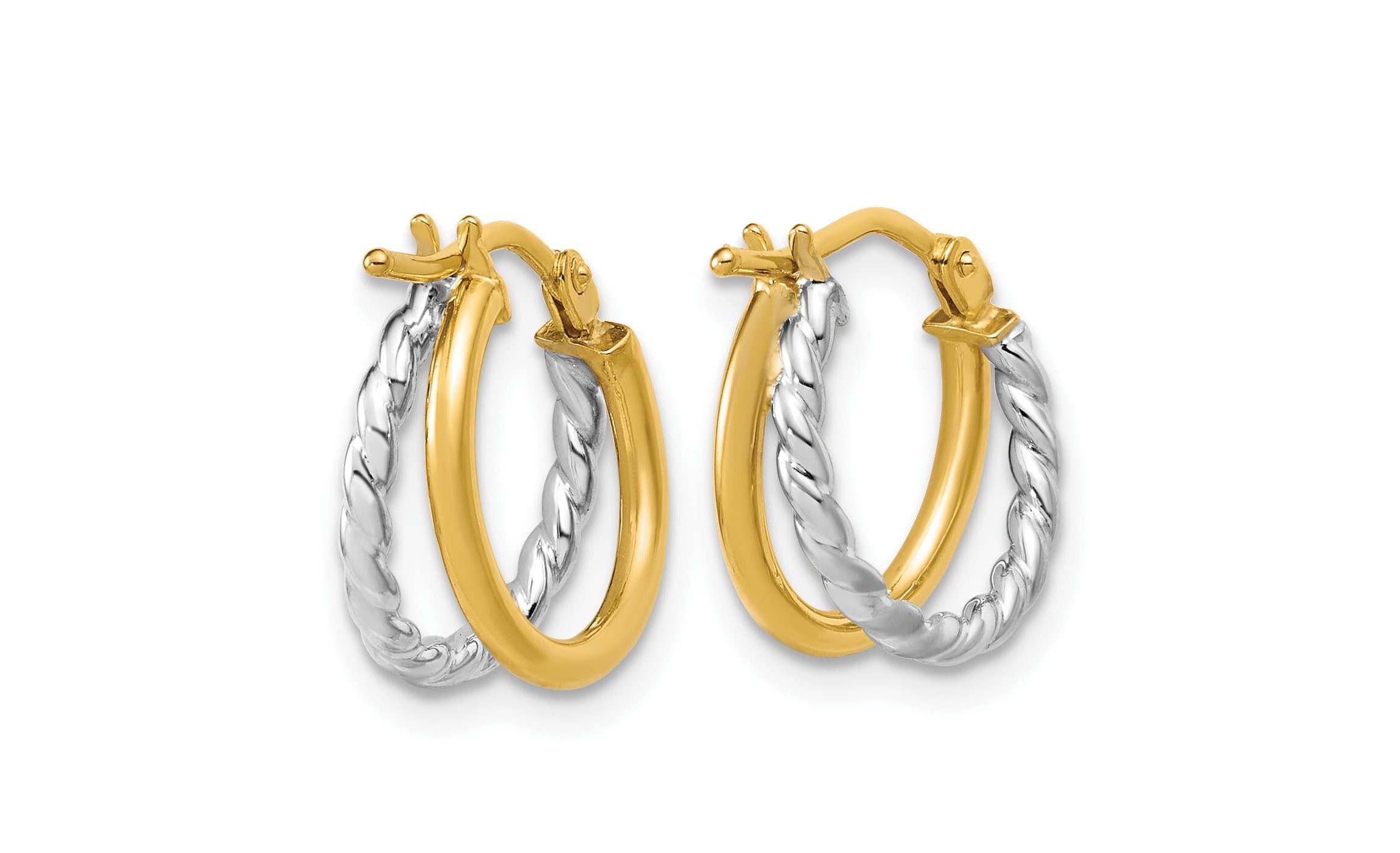 14K Yellow Gold with Rhodium Polished and Twisted 2-row J-Hoop Earrings