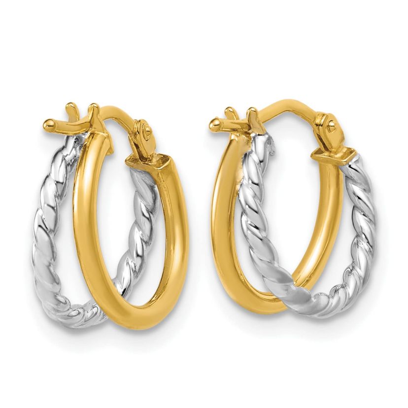 14K Yellow Gold with Rhodium Polished and Twisted 2-row J-Hoop Earrings