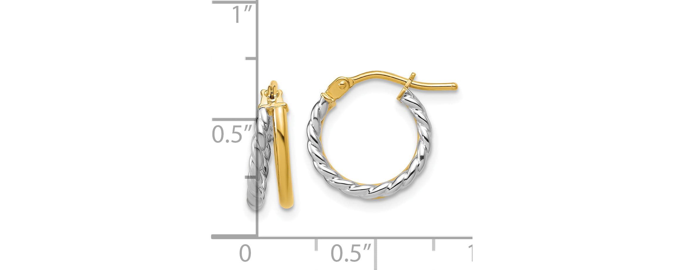 14K Yellow Gold with Rhodium Polished and Twisted 2-row J-Hoop Earrings