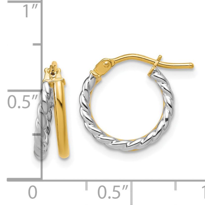14K Yellow Gold with Rhodium Polished and Twisted 2-row J-Hoop Earrings