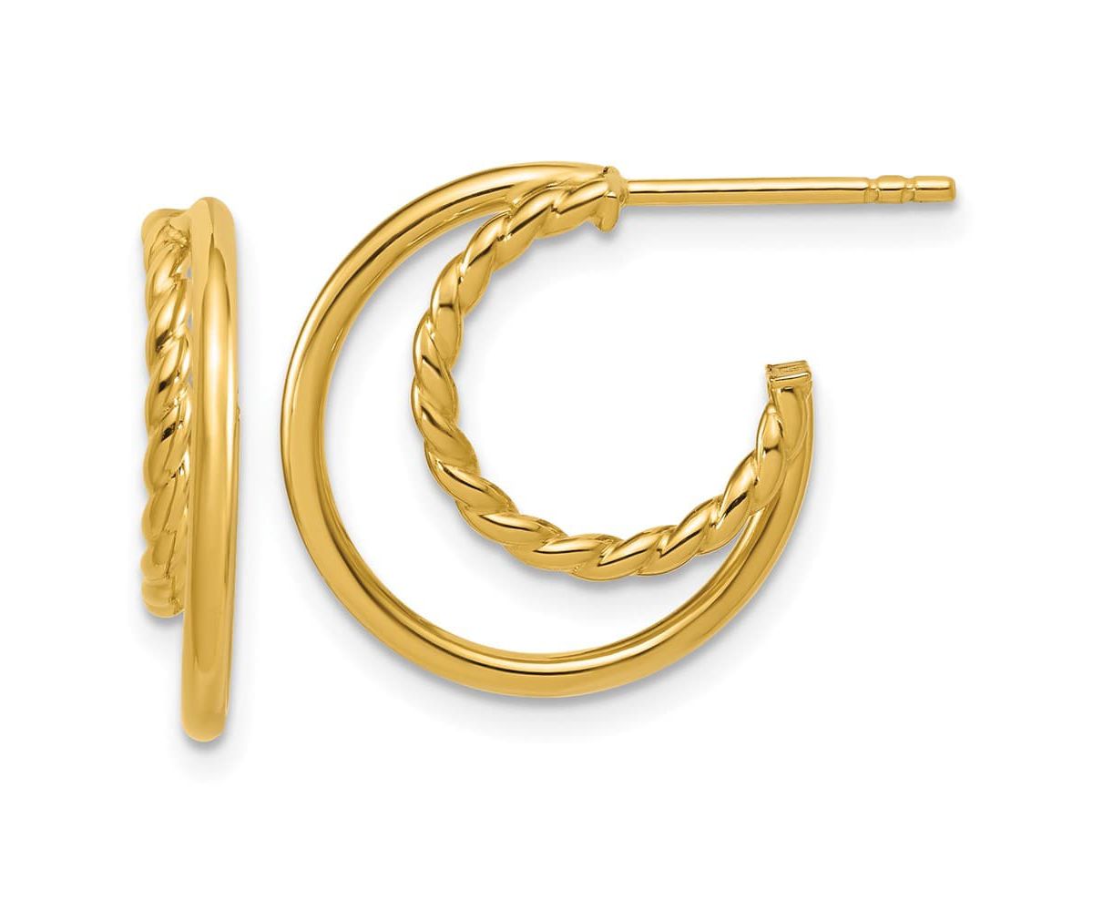 14K Yellow Gold Polished and Twisted 2-row J-Hoop Post Earrings