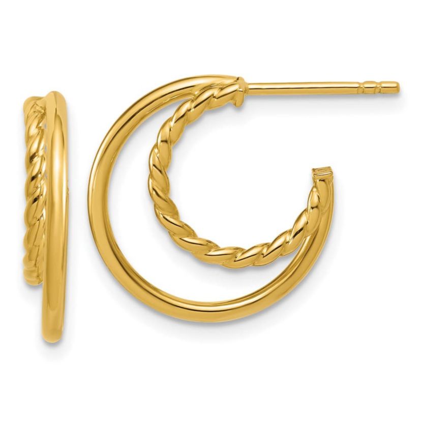 14K Yellow Gold Polished and Twisted 2-row J-Hoop Post Earrings