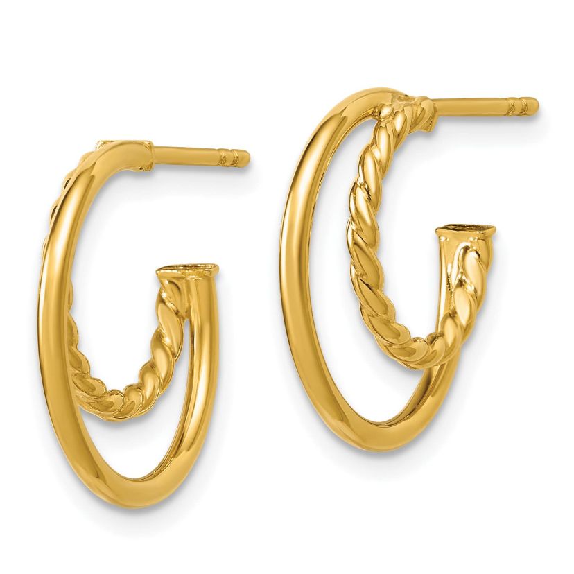 14K Yellow Gold Polished and Twisted 2-row J-Hoop Post Earrings