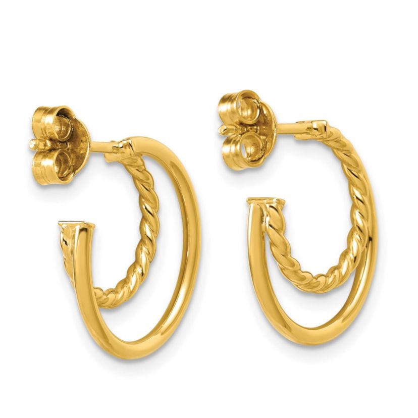 14K Yellow Gold Polished and Twisted 2-row J-Hoop Post Earrings
