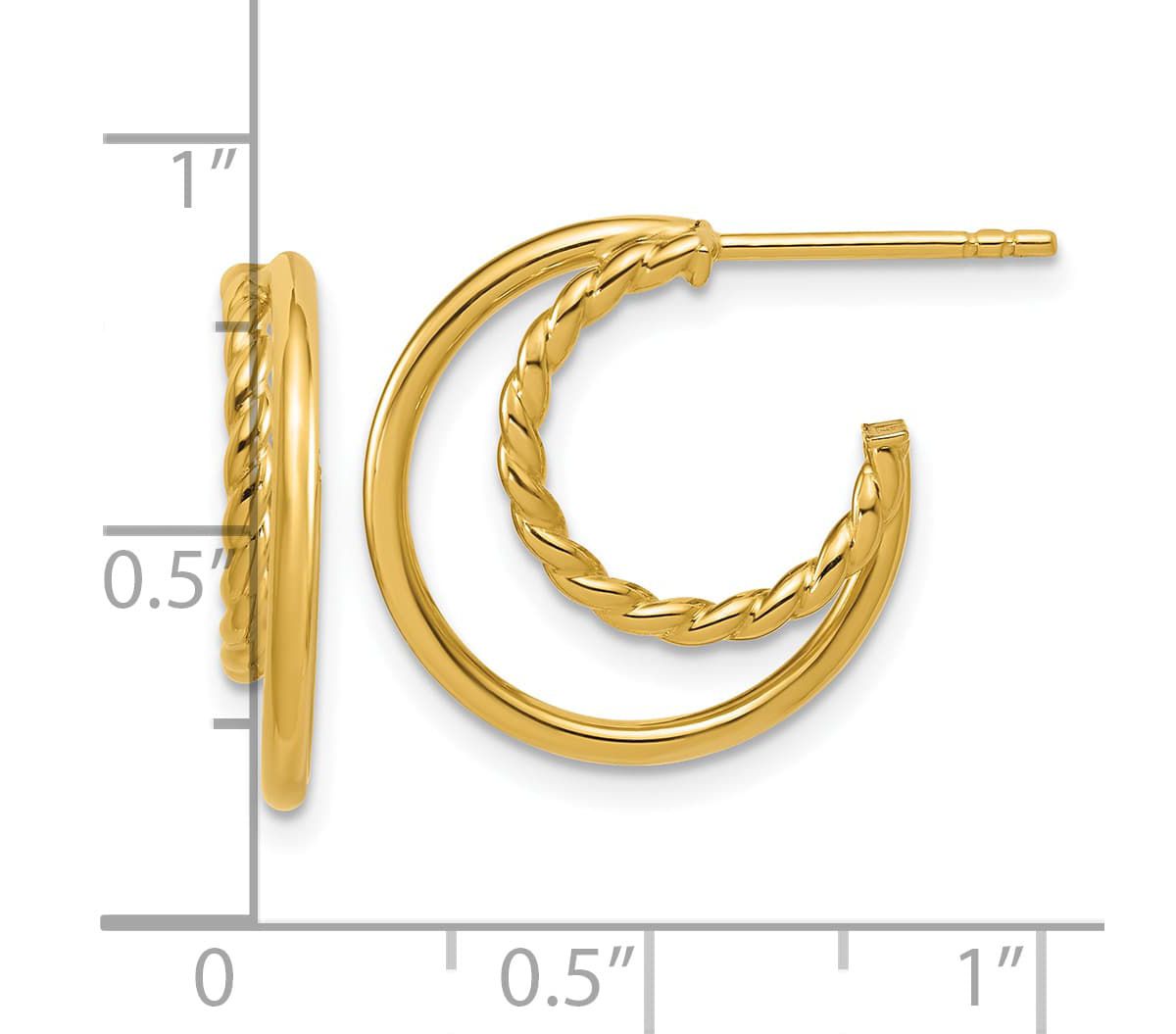 14K Yellow Gold Polished and Twisted 2-row J-Hoop Post Earrings
