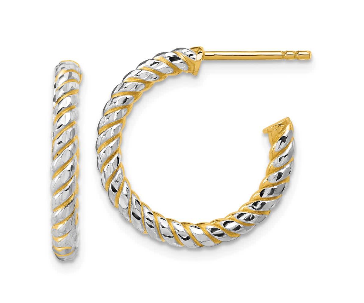 14K Yellow Gold with Rhodium Polished and Diamond-cut J-Hoop Earrings