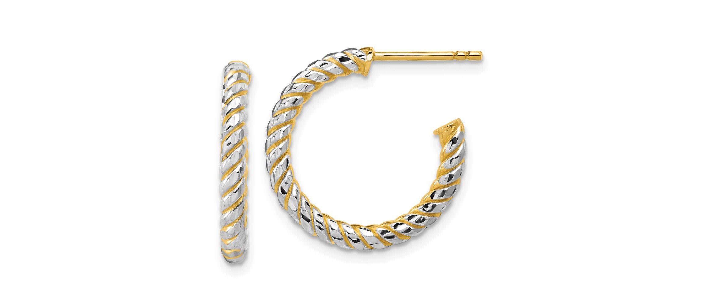 14K Yellow Gold with Rhodium Polished and Diamond-cut J-Hoop Earrings