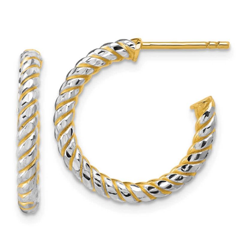 14K Yellow Gold with Rhodium Polished and Diamond-cut J-Hoop Earrings