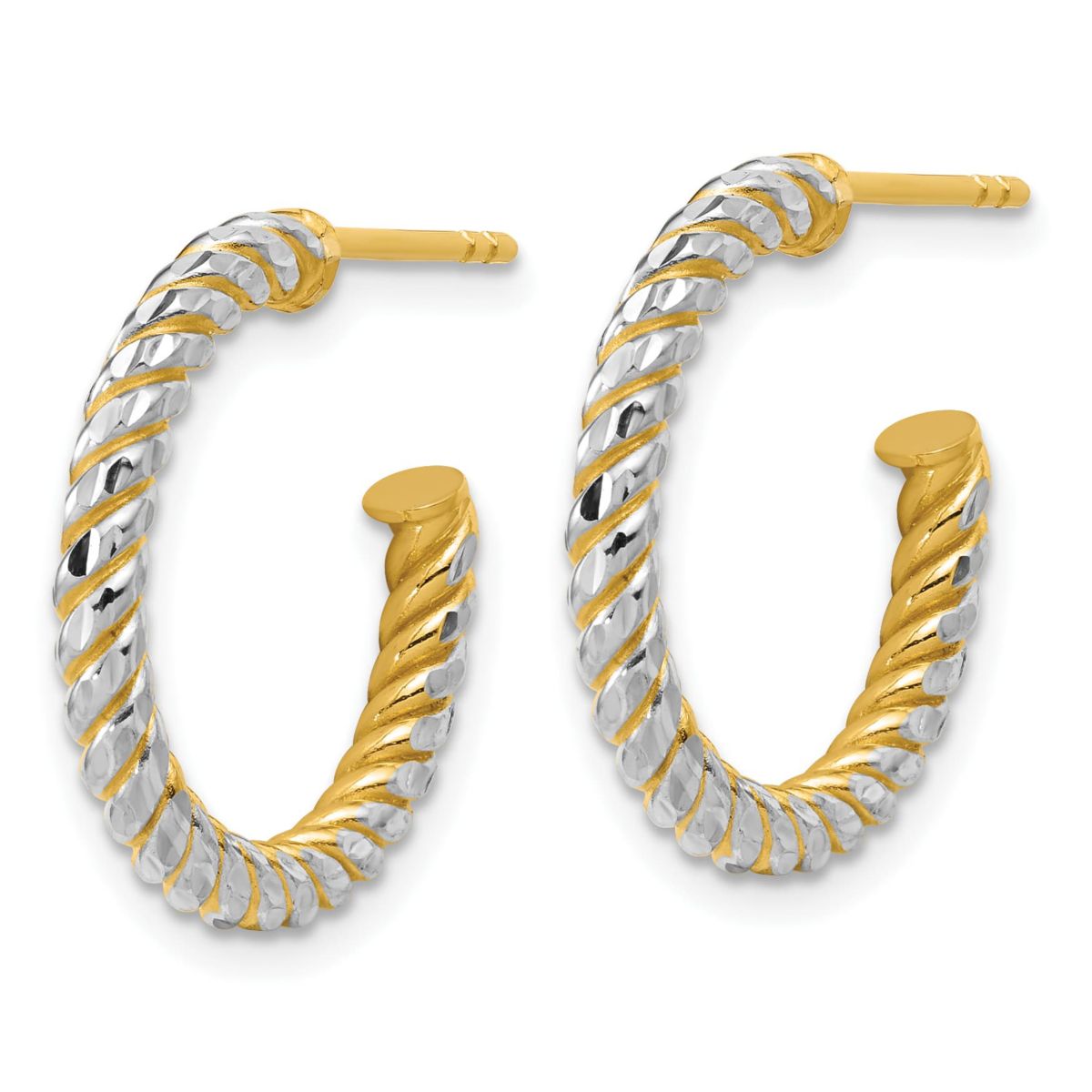 14K Yellow Gold with Rhodium Polished and Diamond-cut J-Hoop Earrings