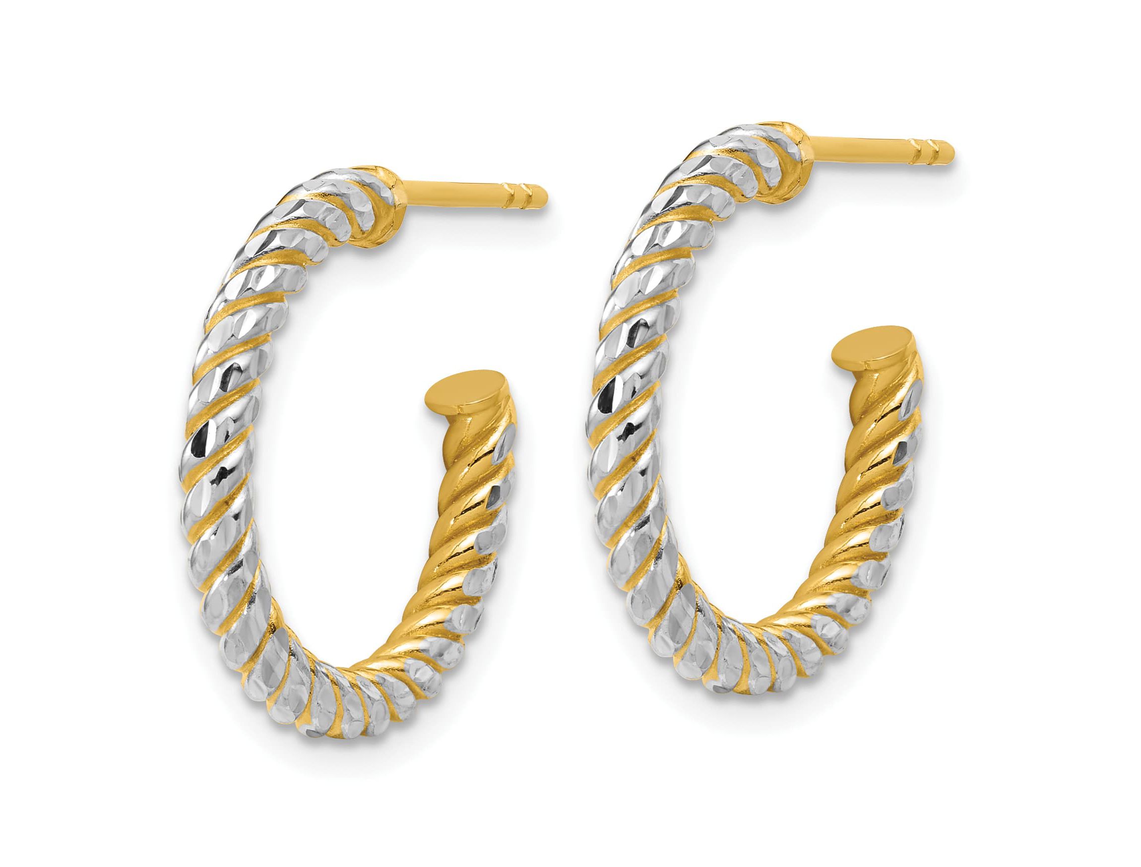 14K Yellow Gold with Rhodium Polished and Diamond-cut J-Hoop Earrings