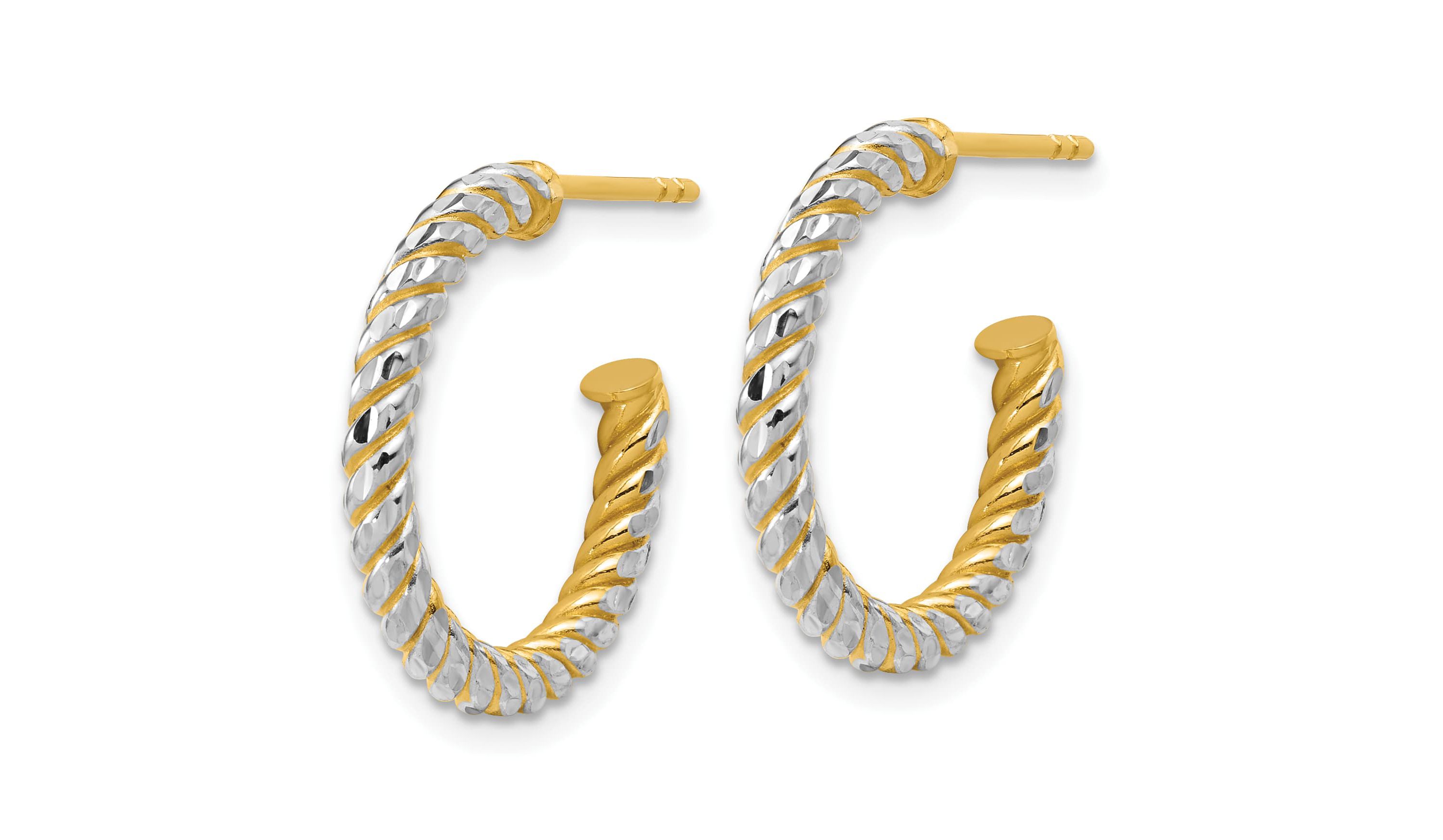 14K Yellow Gold with Rhodium Polished and Diamond-cut J-Hoop Earrings