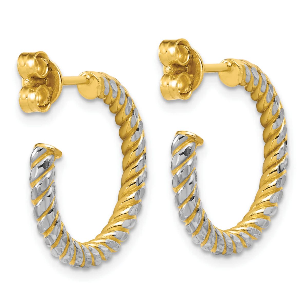 14K Yellow Gold with Rhodium Polished and Diamond-cut J-Hoop Earrings