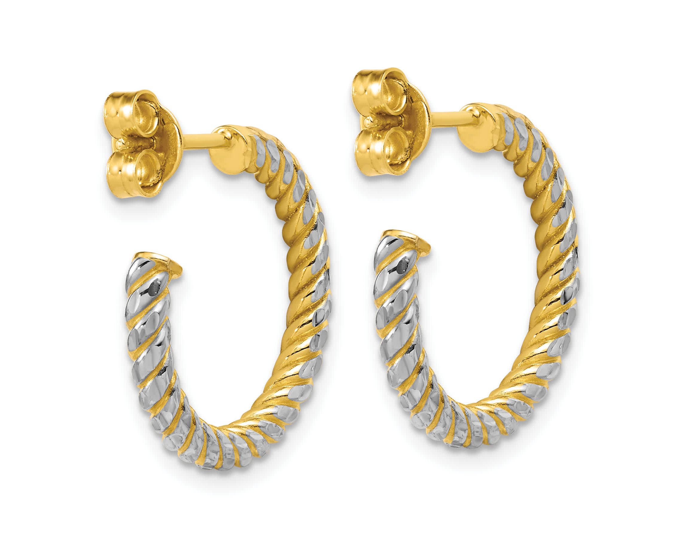 14K Yellow Gold with Rhodium Polished and Diamond-cut J-Hoop Earrings