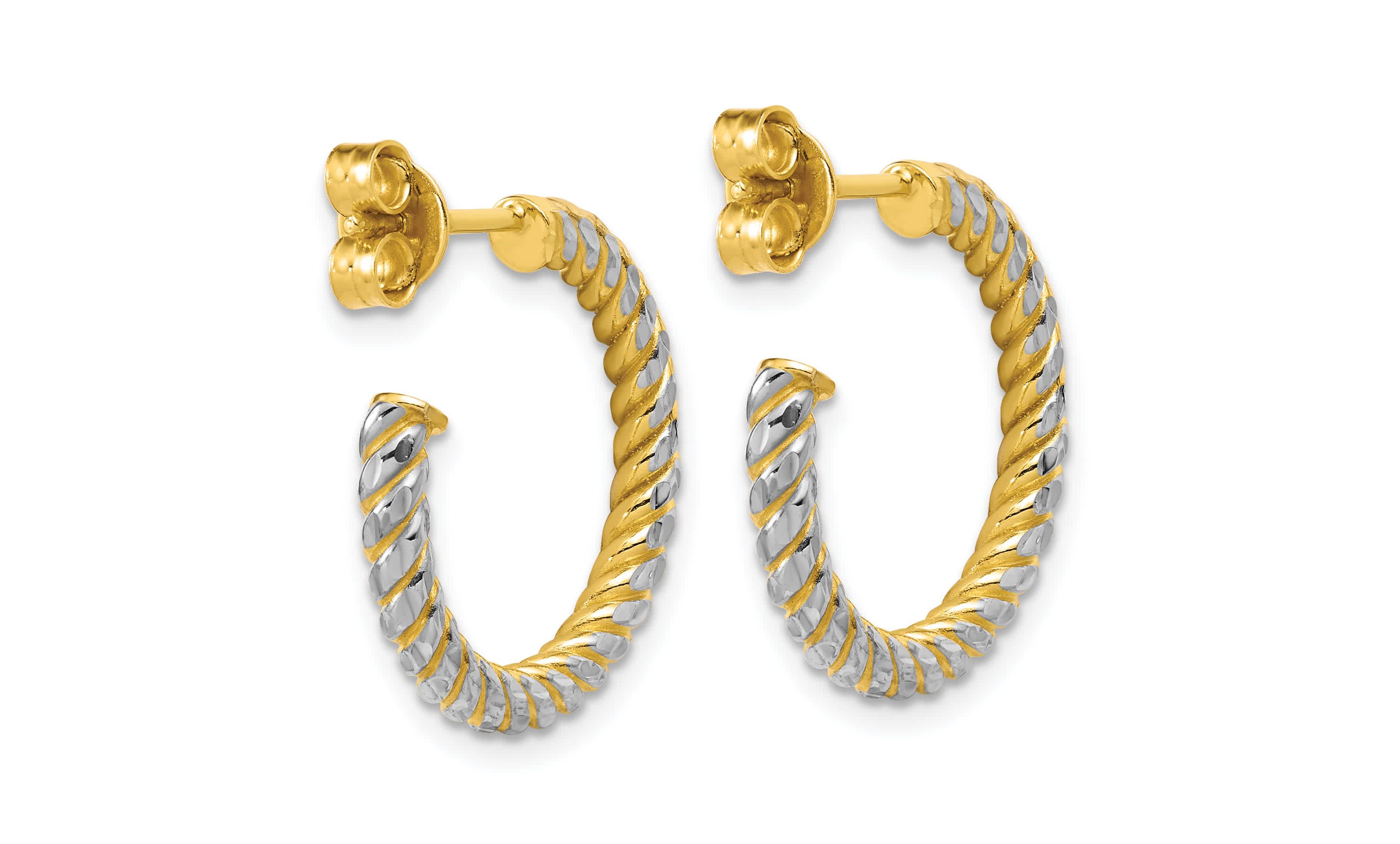 14K Yellow Gold with Rhodium Polished and Diamond-cut J-Hoop Earrings