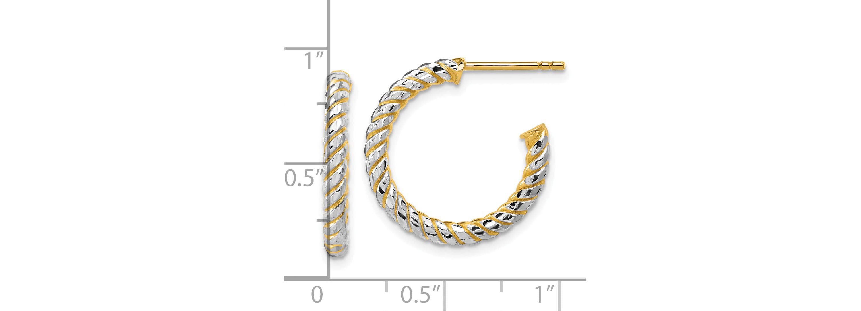 14K Yellow Gold with Rhodium Polished and Diamond-cut J-Hoop Earrings