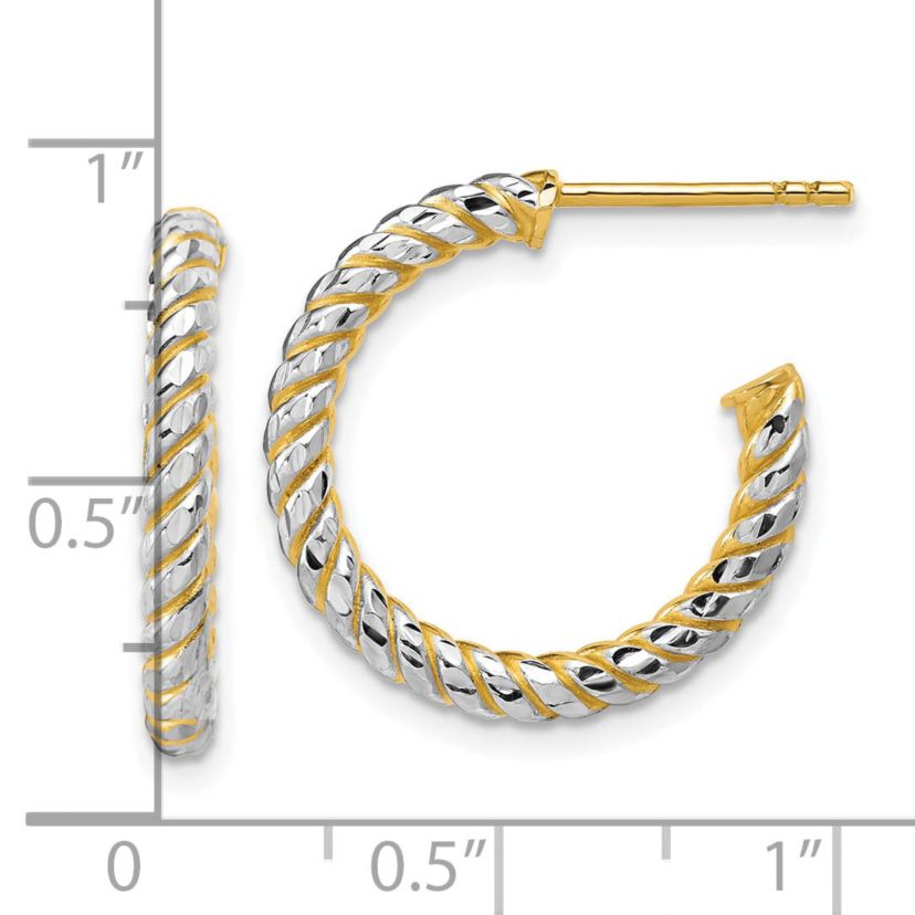 14K Yellow Gold with Rhodium Polished and Diamond-cut J-Hoop Earrings