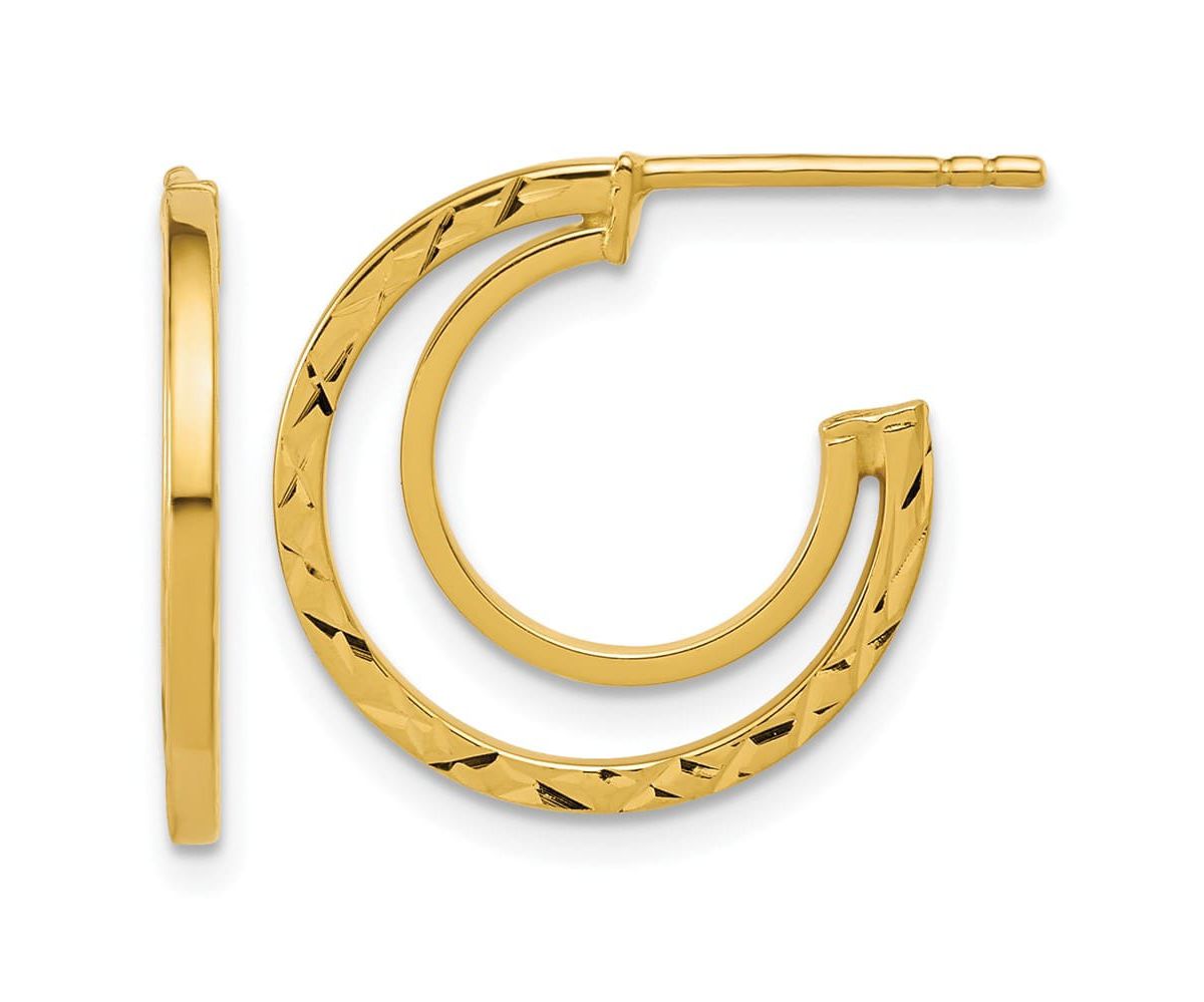 14K Yellow Gold Polished and Diamond-cut 2-row J-Hoop Post Earrings