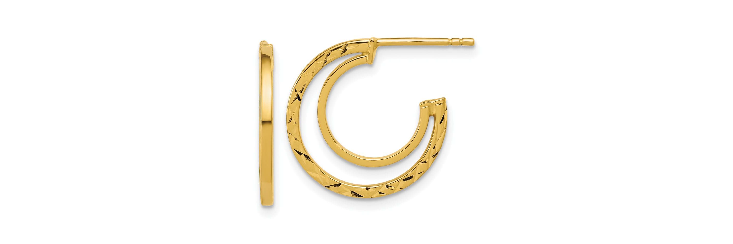 14K Yellow Gold Polished and Diamond-cut 2-row J-Hoop Post Earrings