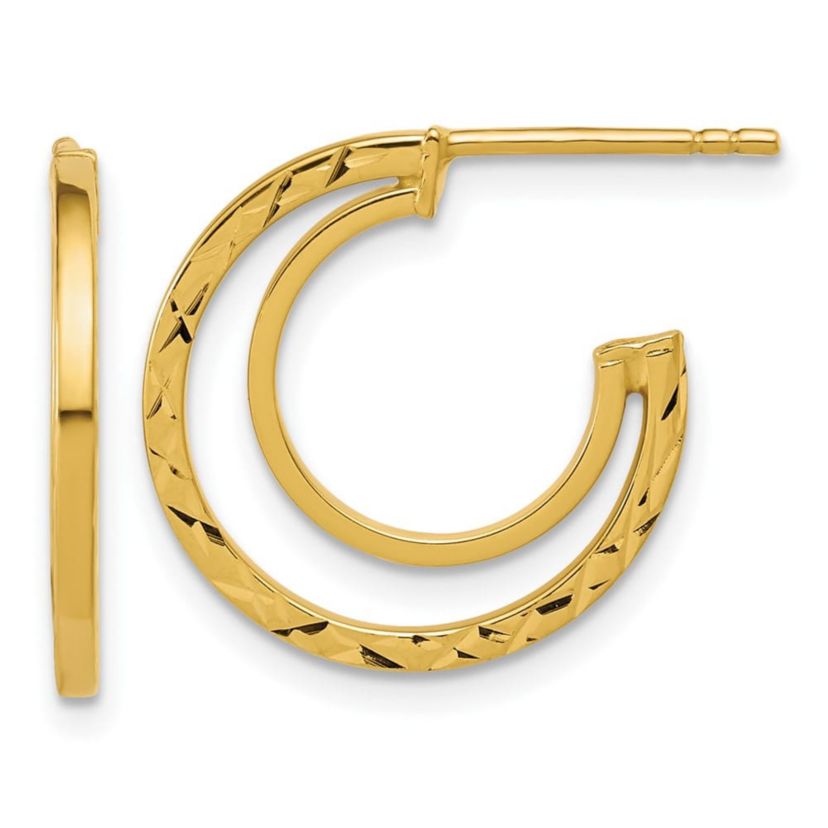14K Yellow Gold Polished and Diamond-cut 2-row J-Hoop Post Earrings