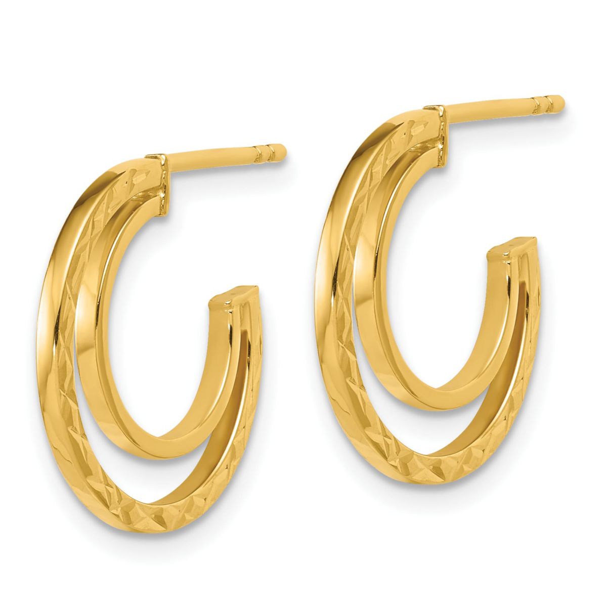 14K Yellow Gold Polished and Diamond-cut 2-row J-Hoop Post Earrings