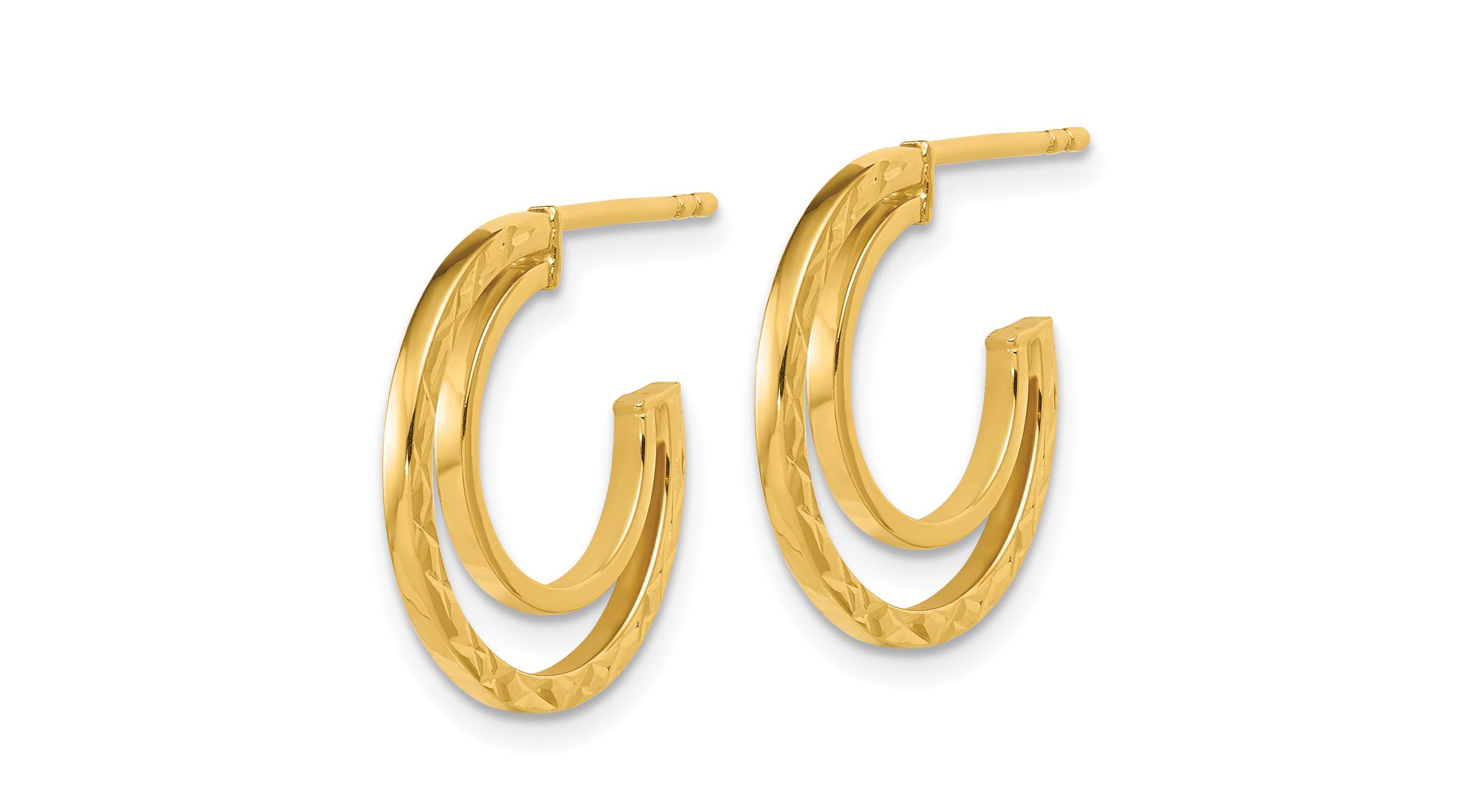 14K Yellow Gold Polished and Diamond-cut 2-row J-Hoop Post Earrings