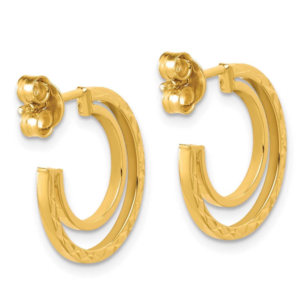 14K Yellow Gold Polished and Diamond-cut 2-row J-Hoop Post Earrings