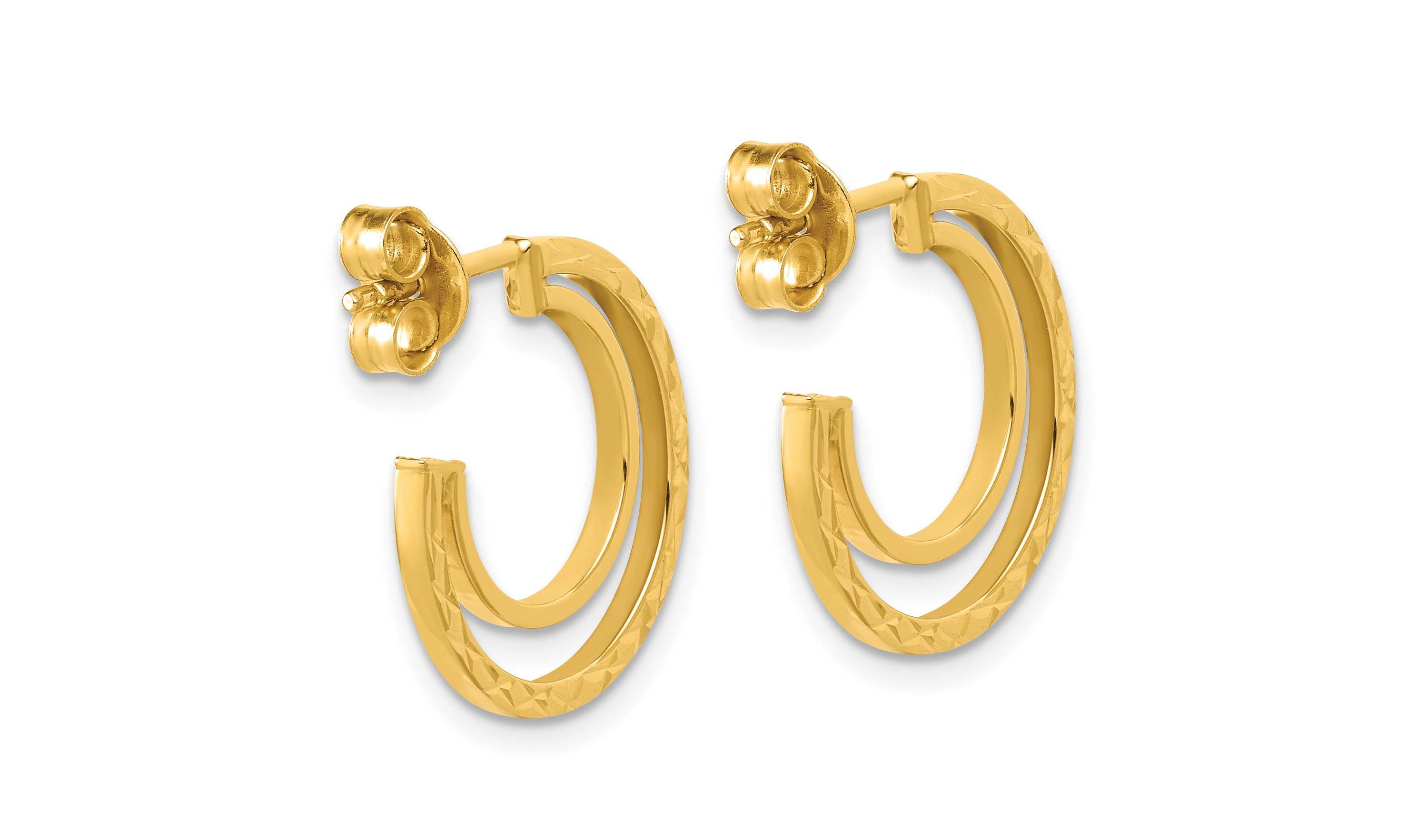 14K Yellow Gold Polished and Diamond-cut 2-row J-Hoop Post Earrings