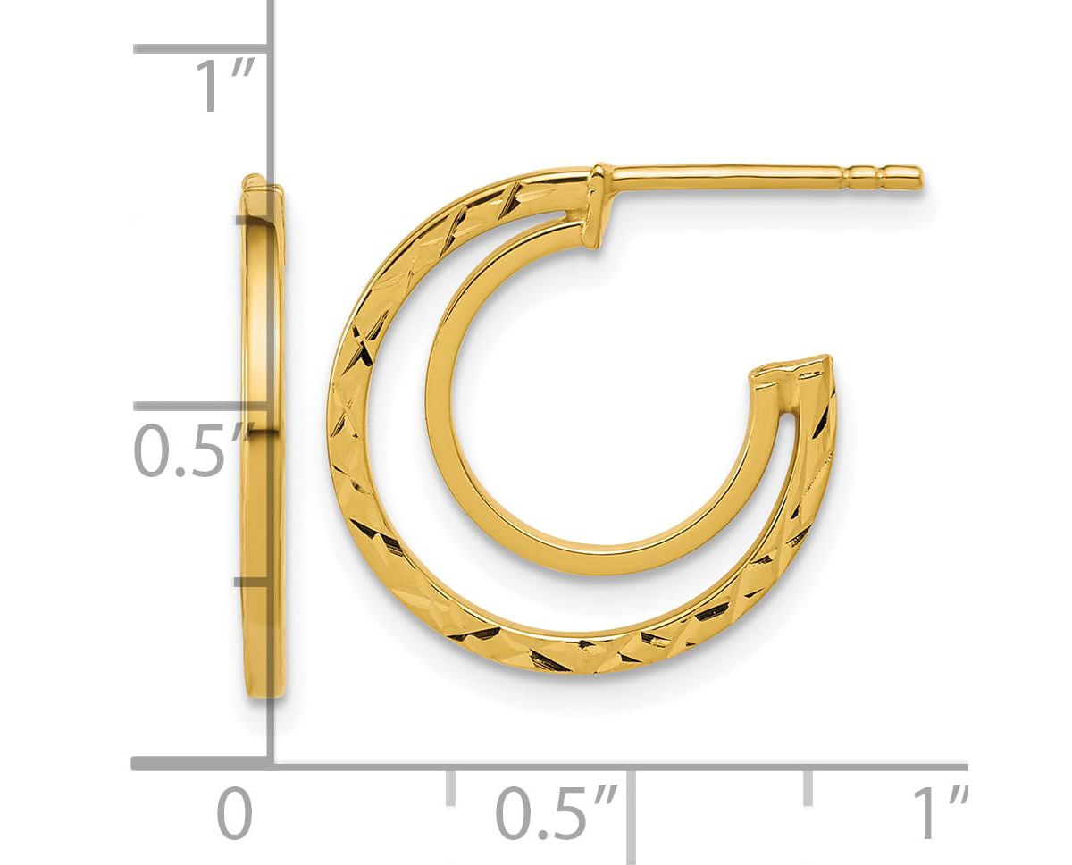 14K Yellow Gold Polished and Diamond-cut 2-row J-Hoop Post Earrings