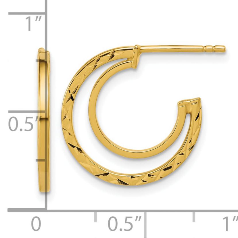 14K Yellow Gold Polished and Diamond-cut 2-row J-Hoop Post Earrings