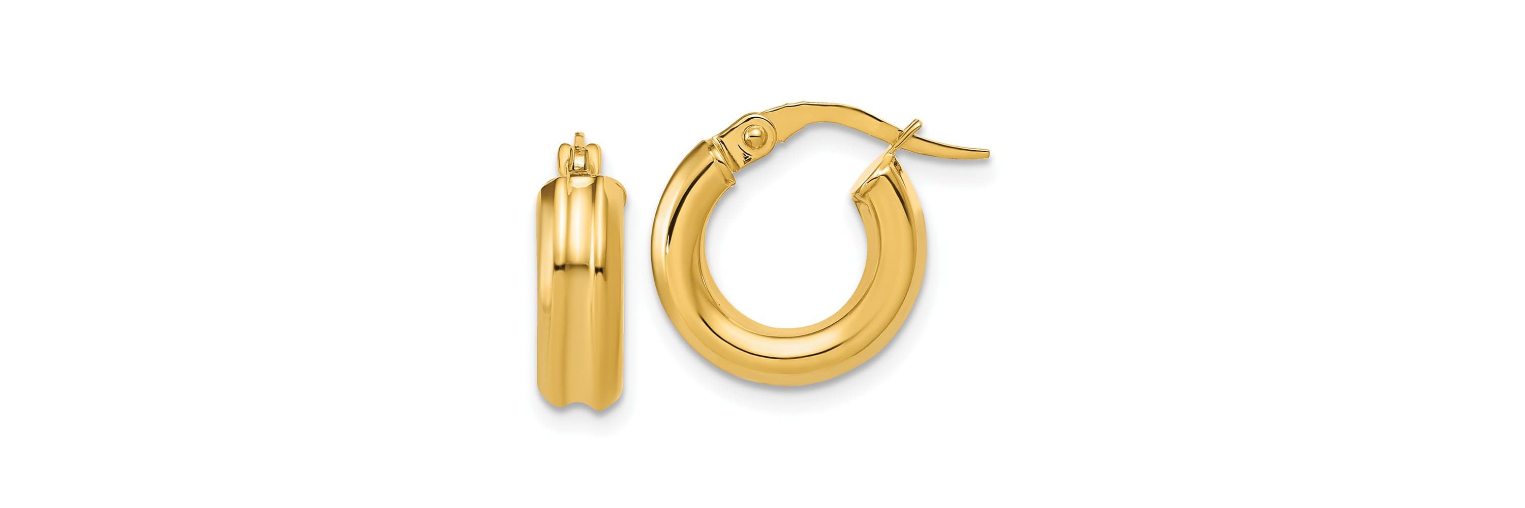 14K Yellow Gold Polished and Grooved Round Hoop Earrings