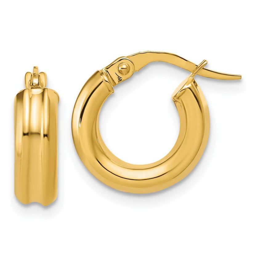 14K Yellow Gold Polished and Grooved Round Hoop Earrings