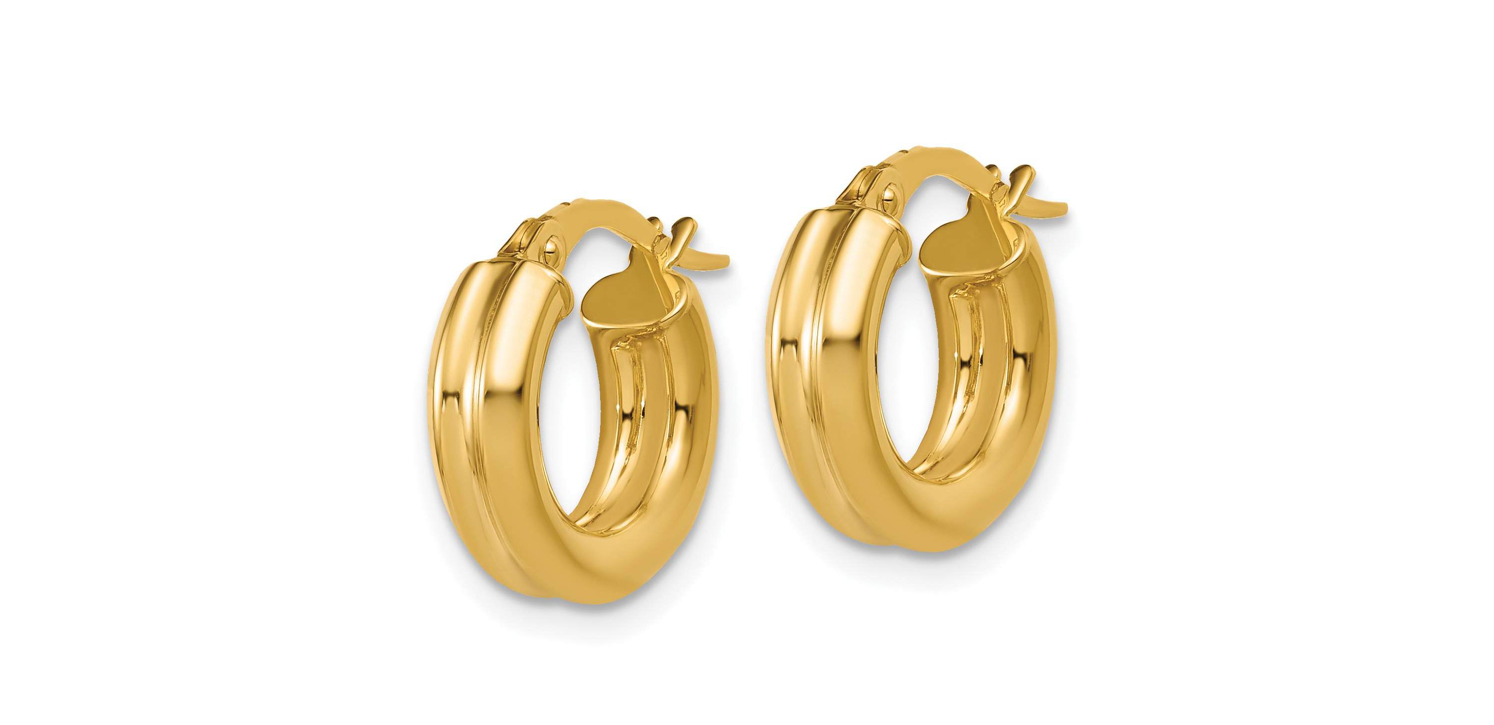14K Yellow Gold Polished and Grooved Round Hoop Earrings