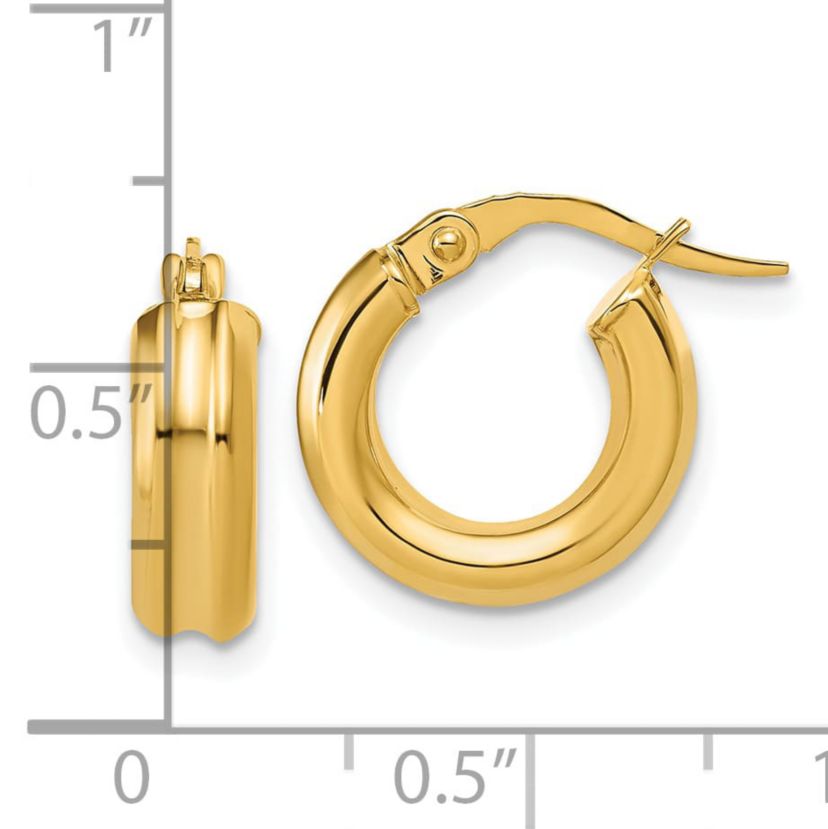 14K Yellow Gold Polished and Grooved Round Hoop Earrings