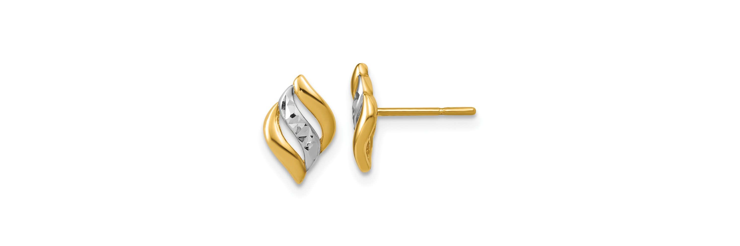 14K Yellow Gold with Rhodium Polished and Diamond-cut Post Earrings