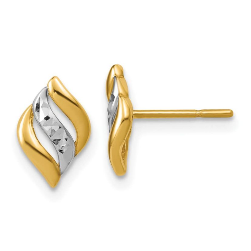 14K Yellow Gold with Rhodium Polished and Diamond-cut Post Earrings