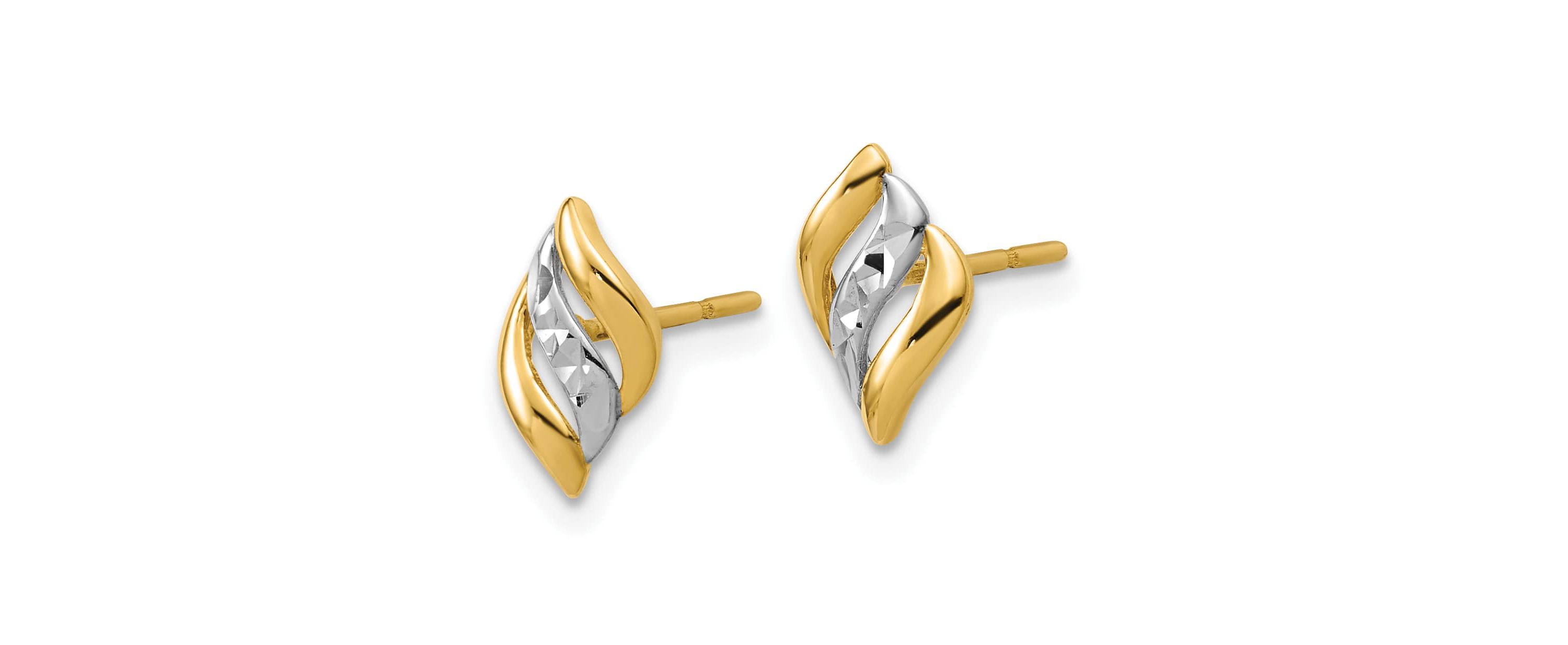 14K Yellow Gold with Rhodium Polished and Diamond-cut Post Earrings