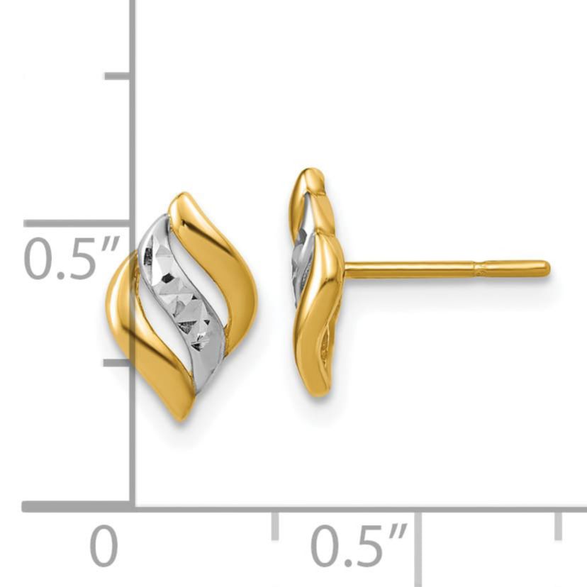 14K Yellow Gold with Rhodium Polished and Diamond-cut Post Earrings