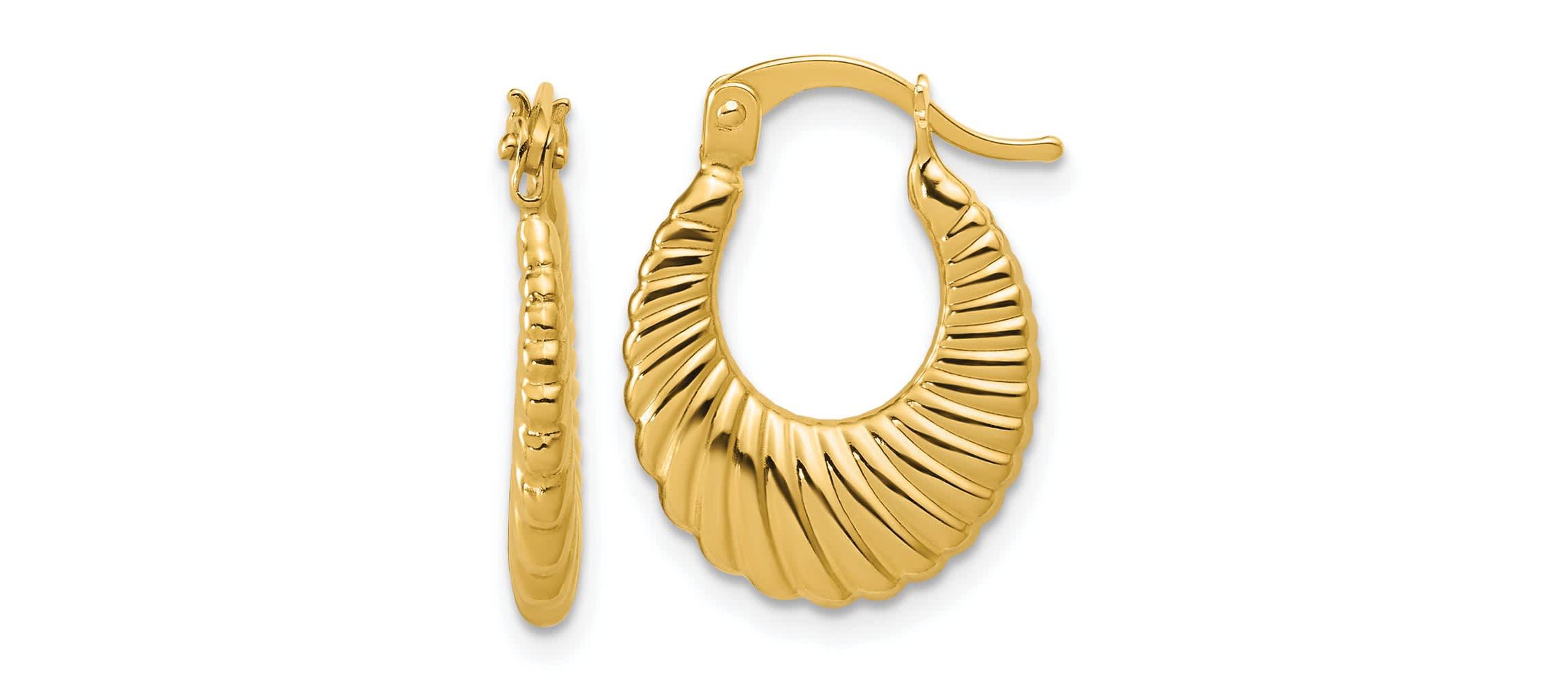 14K Yellow Gold Polished and Grooved Hoop Earrings