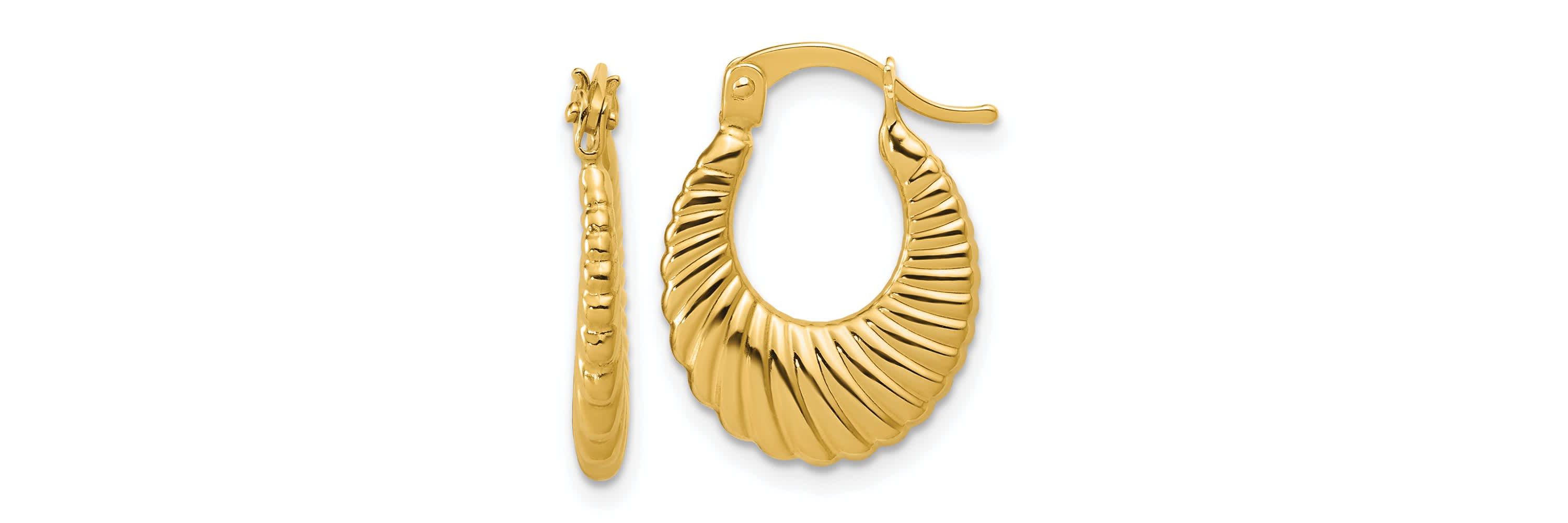 14K Yellow Gold Polished and Grooved Hoop Earrings