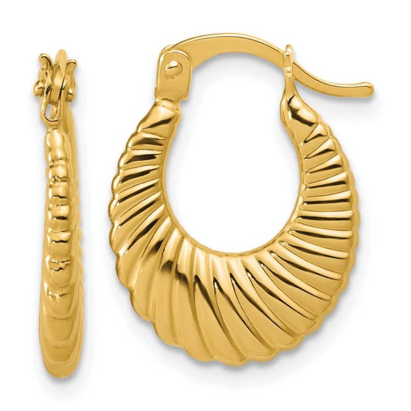 14K Yellow Gold Polished and Grooved Hoop Earrings