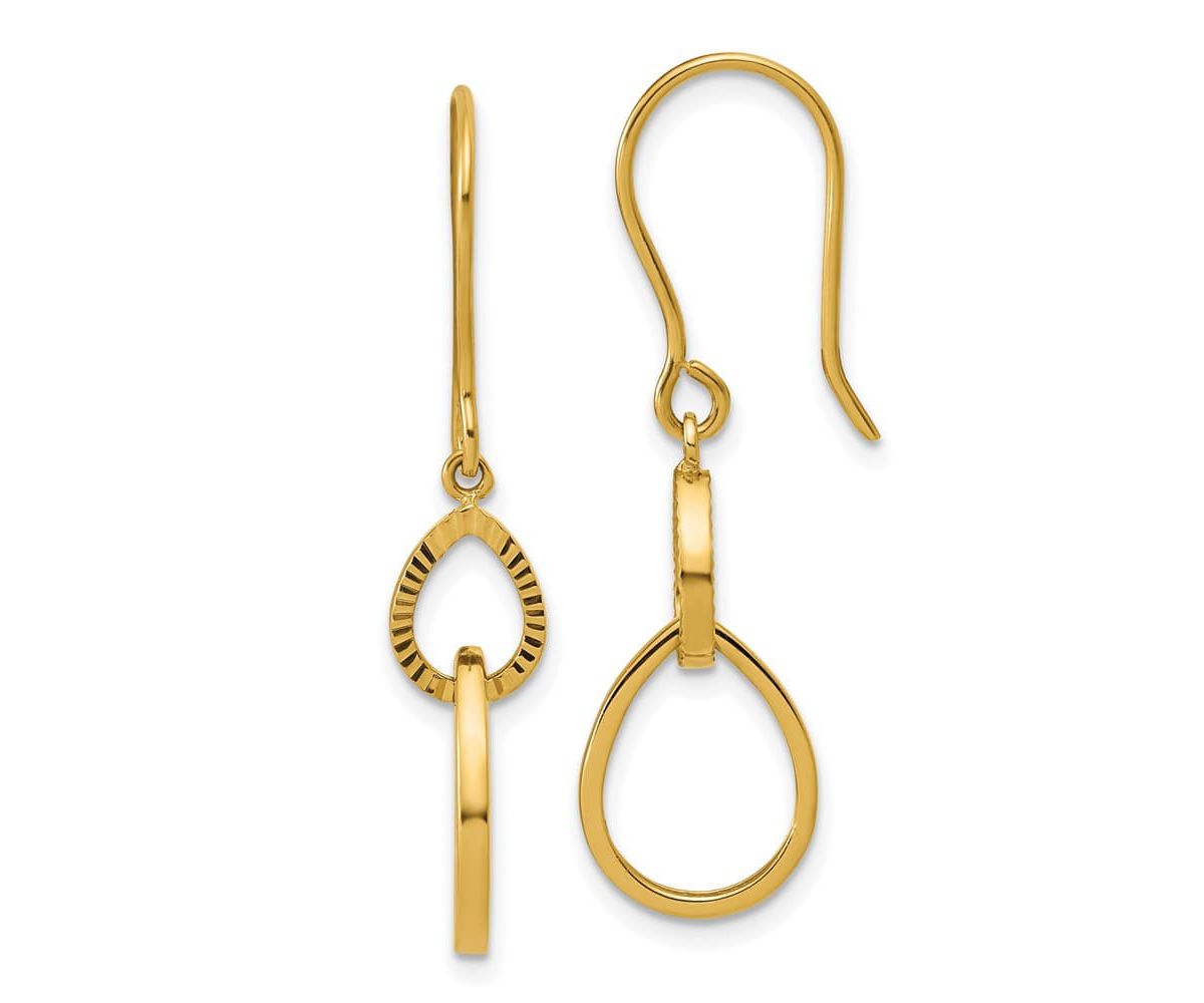 14K Yellow Gold Polished and Diamond-cut Teardrop Dangle Earrings
