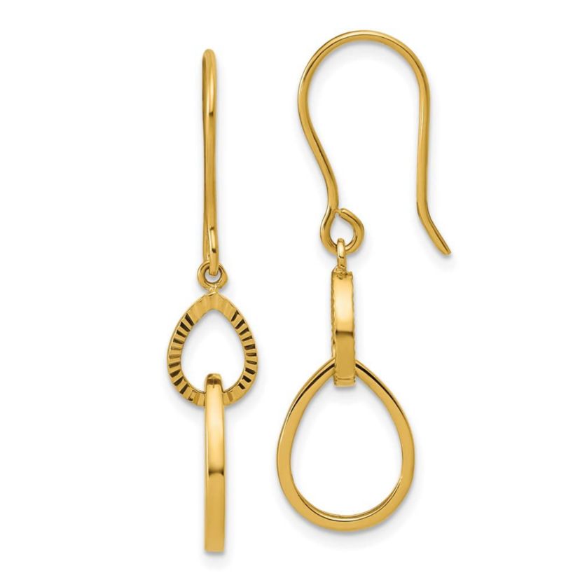 14K Yellow Gold Polished and Diamond-cut Teardrop Dangle Earrings