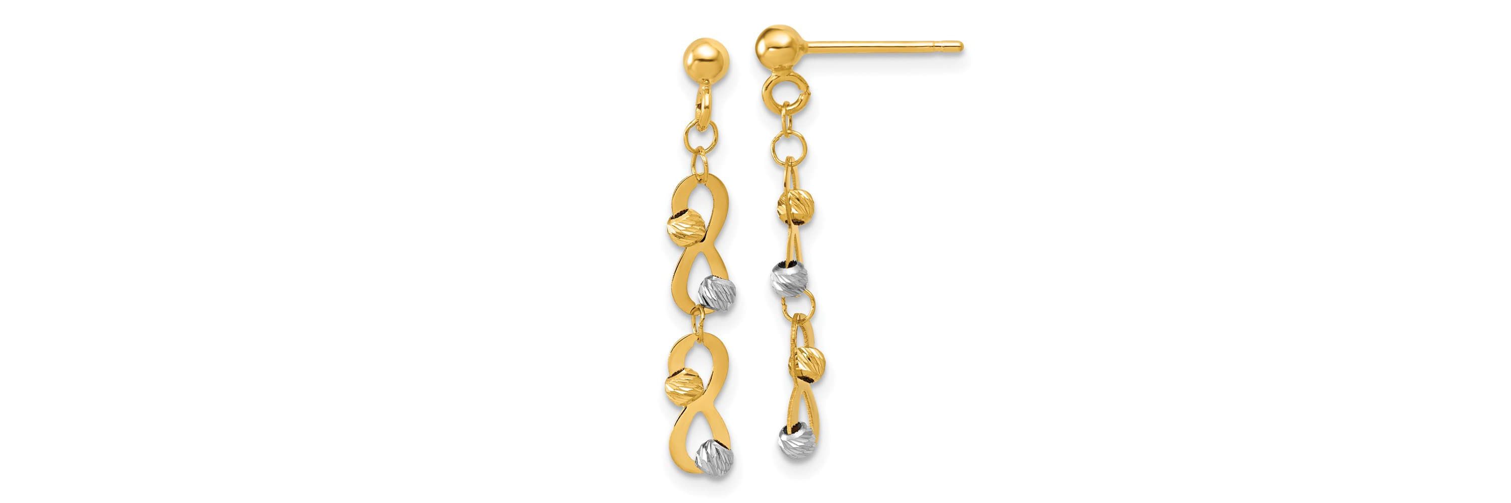 14K Two-tone Diamond-cut Beaded Infinity Dangle Post Earrings