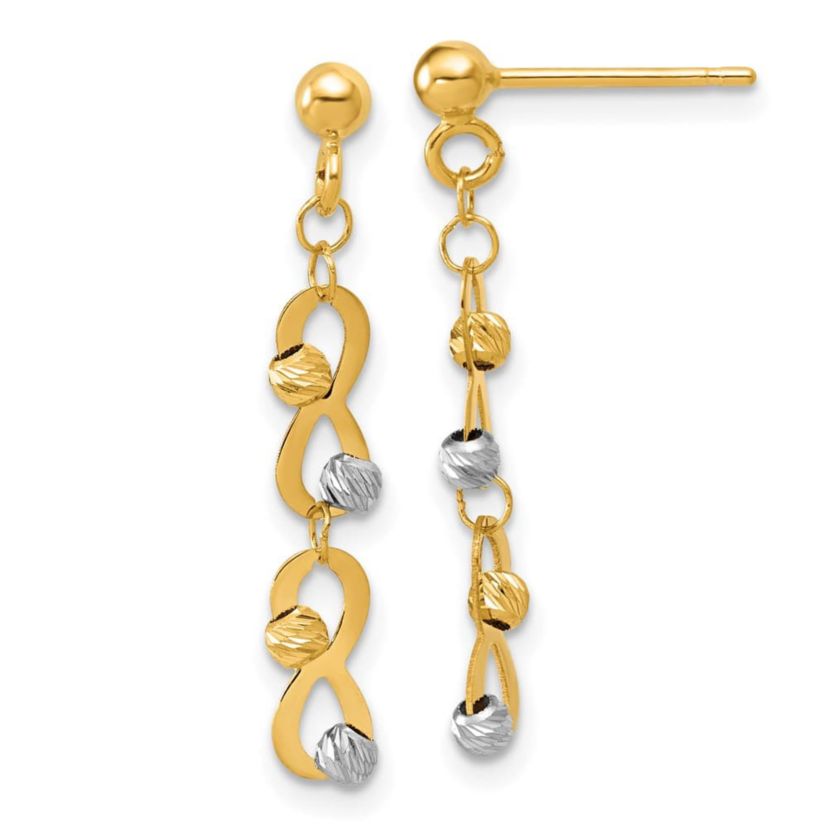 14K Two-tone Diamond-cut Beaded Infinity Dangle Post Earrings