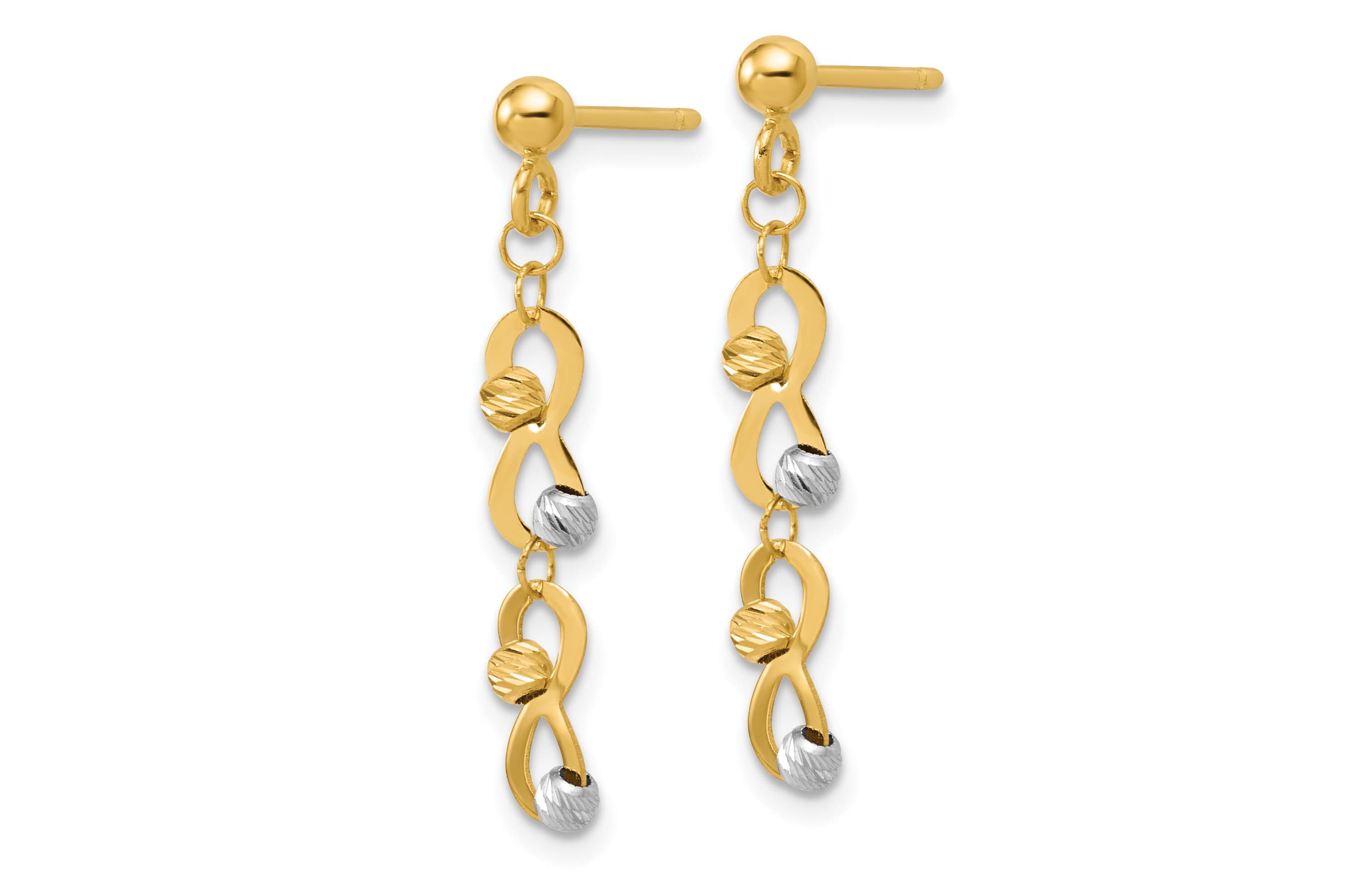 14K Two-tone Diamond-cut Beaded Infinity Dangle Post Earrings
