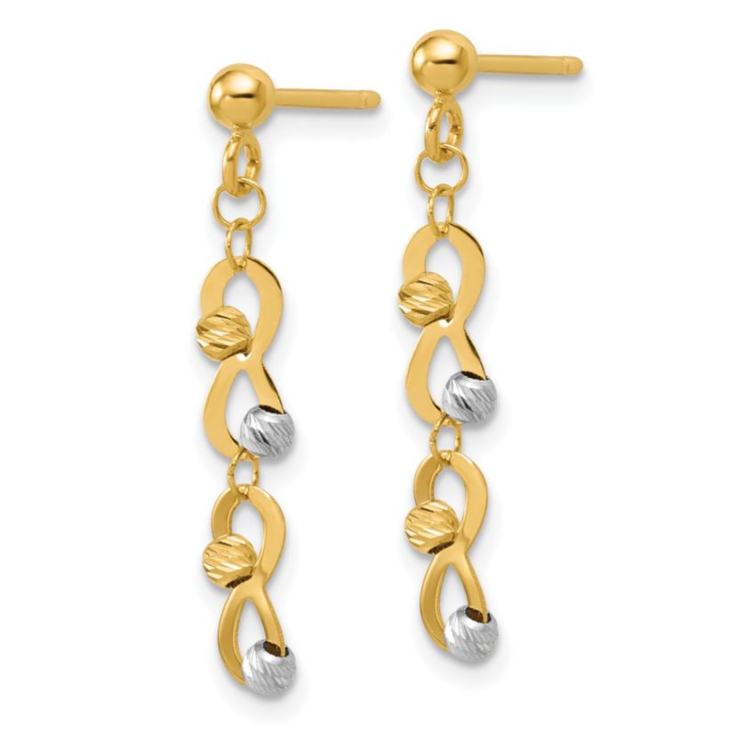 14K Two-tone Diamond-cut Beaded Infinity Dangle Post Earrings