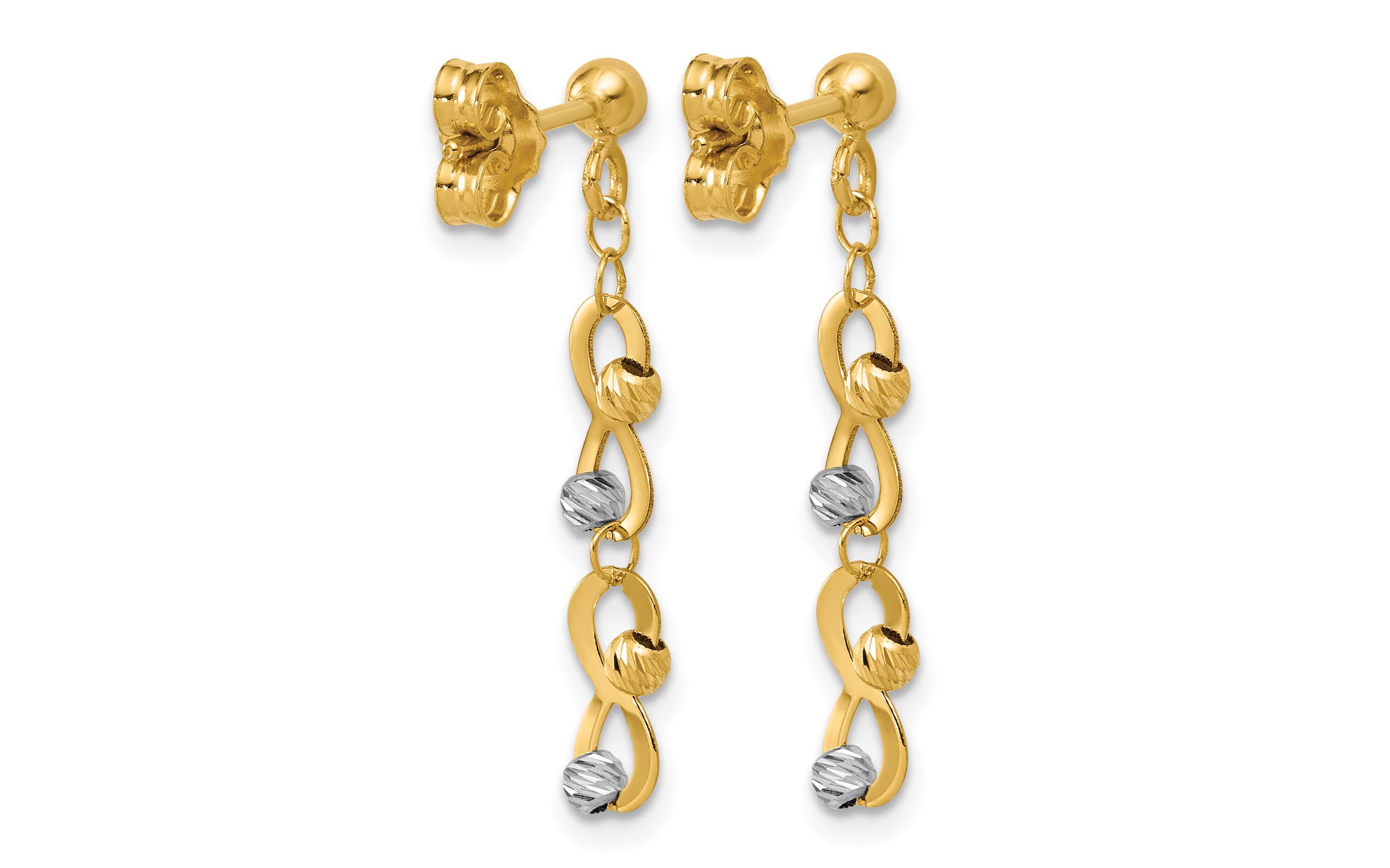 14K Two-tone Diamond-cut Beaded Infinity Dangle Post Earrings
