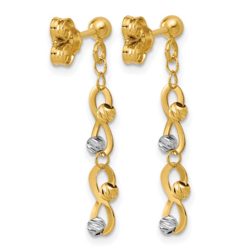 14K Two-tone Diamond-cut Beaded Infinity Dangle Post Earrings