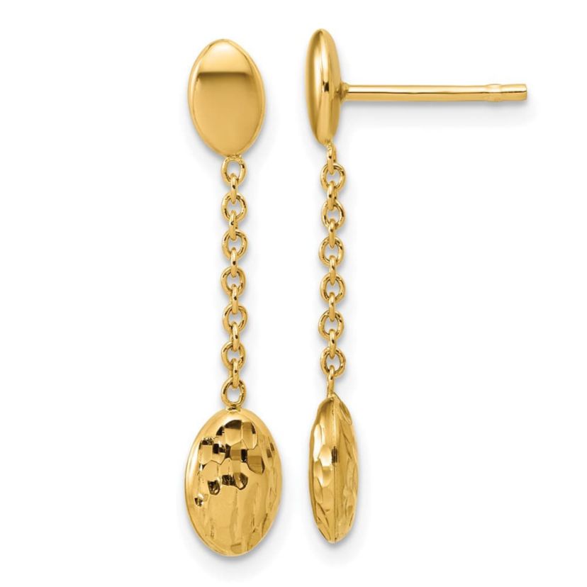 14K Yellow Gold Polished and Diamond-cut Oval Fancy Dangle Post Earrings